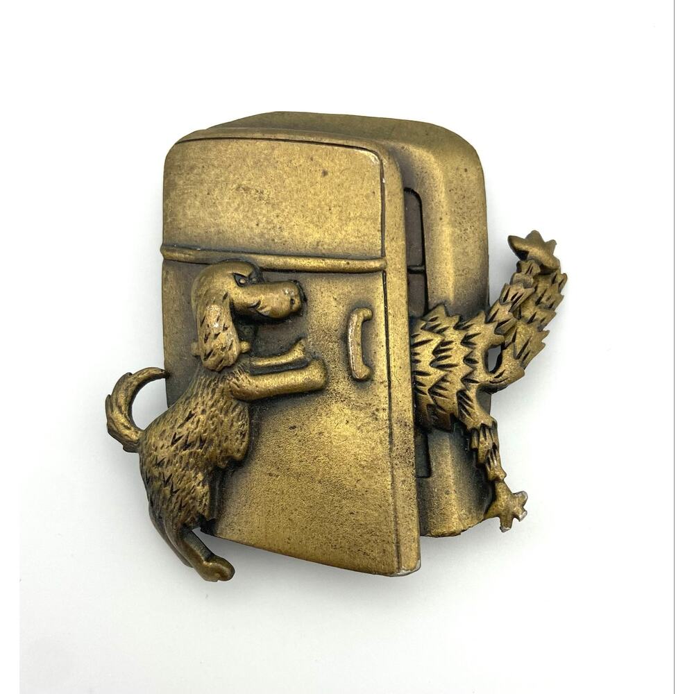 Vintage JJ Jonette Funny Dog Traps Cat in Refrigerator Brooch Pin Brass Tone